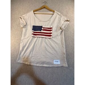American Flag Rope Patch Slub Knit Short Sleeve Top Cream T1720